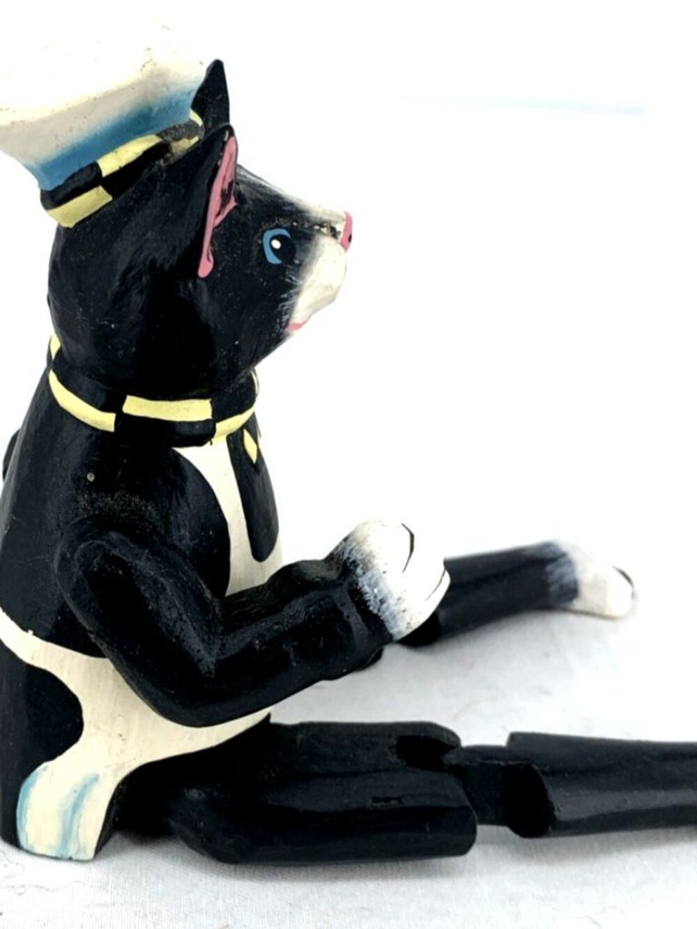 Folk Art Chef Cat Shelf Sitter Hand Carved Wood Painted Jointed Limbs 9" - Picture 3 of 5